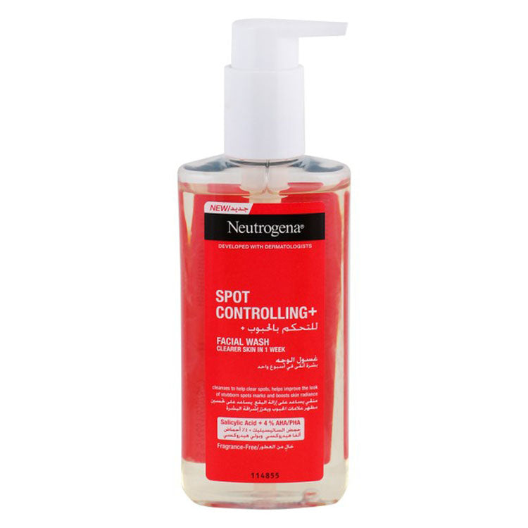 غسول الوجه نيتروجينا للتحكم في البقع وتنظيف البشرة، يحتوي على 4% من أحماض ألفا هيدروكسي، وأحماض بولي هيدروكسي، وحمض الساليسيليك - خالٍ من العطور والزيوت، ولا يسد المسام