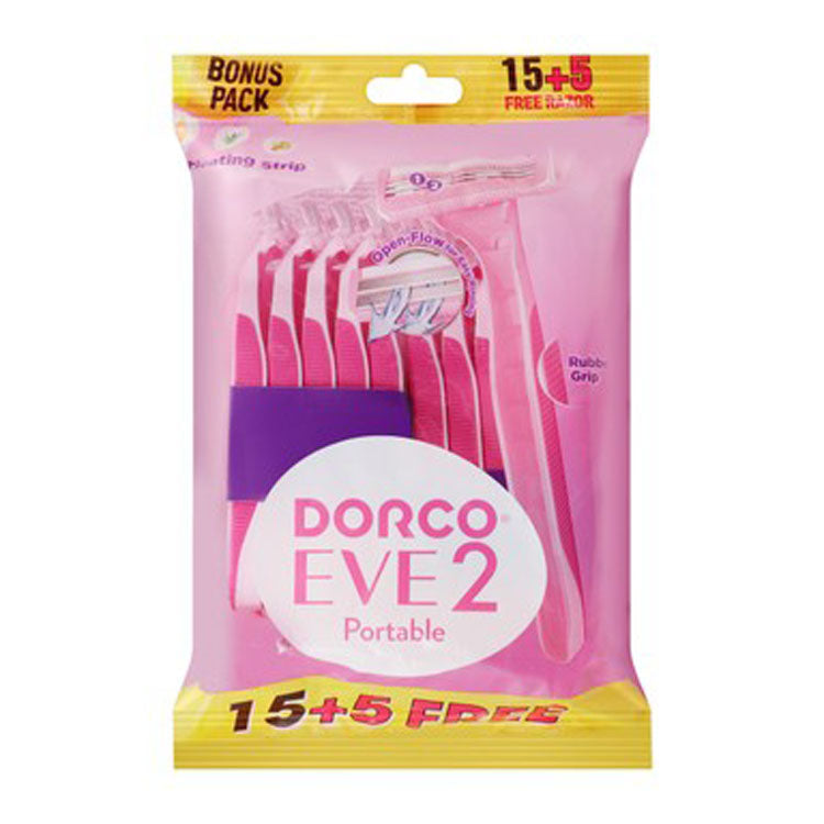 شفرات حلاقة دوركو إيف 2 الوردية المحمولة مع فيتامين هـ، والصبار، وزيت الأرغان (15+5 خالي من المواد الضارة)