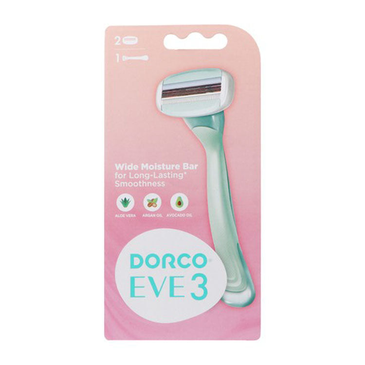 مجموعة شفرات الحلاقة المرطبة ثلاثية الشفرات من دوركو إيف باللونين الأزرق والأبيض مع خلاصة الصبار وزيت الأرغان وزيت الأفوكادو