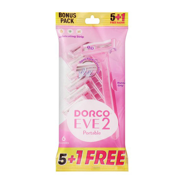 شفرات حلاقة دوركو إيف 2 وردية محمولة مع فيتامين هـ وخلاصة الصبار وزيت الأرجان (5 + 1 مجانية)