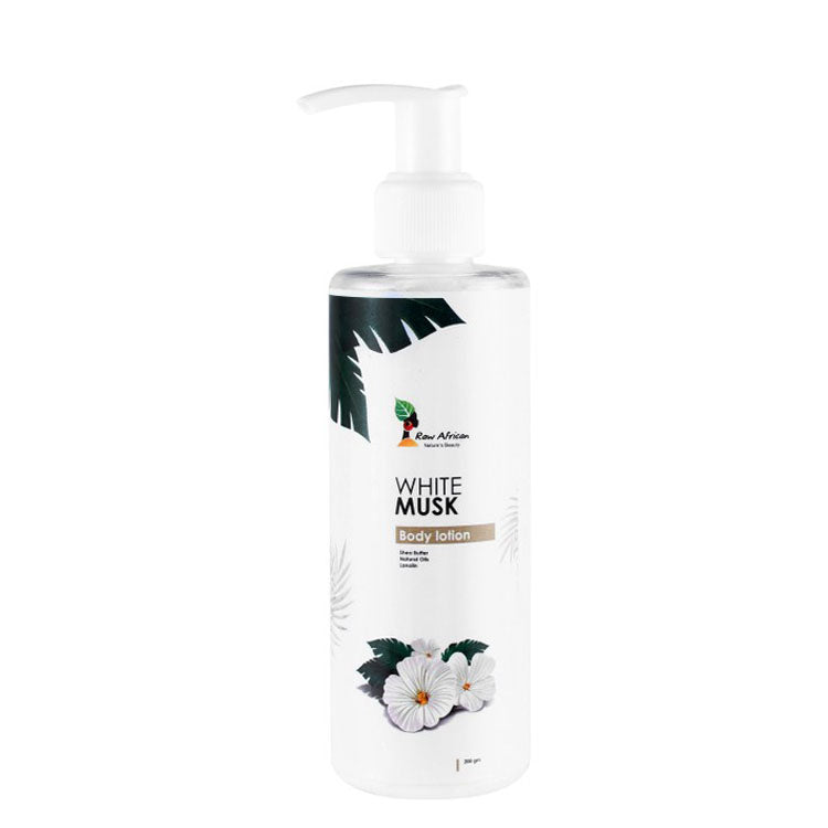 Raw African Non-Greasy Body Lotion White Musk Scent with Shea Butter, Natural Oils & Lanolin - animal testing free
