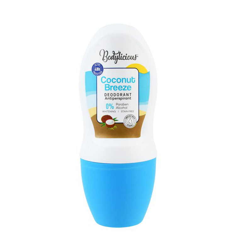 مزيل عرق بوديليشوس رول أون مضاد للتعرق يدوم 48 ساعة، برائحة نسيم جوز الهند مع فيتامين هـ للنساء - خالٍ من البارابين والكحول