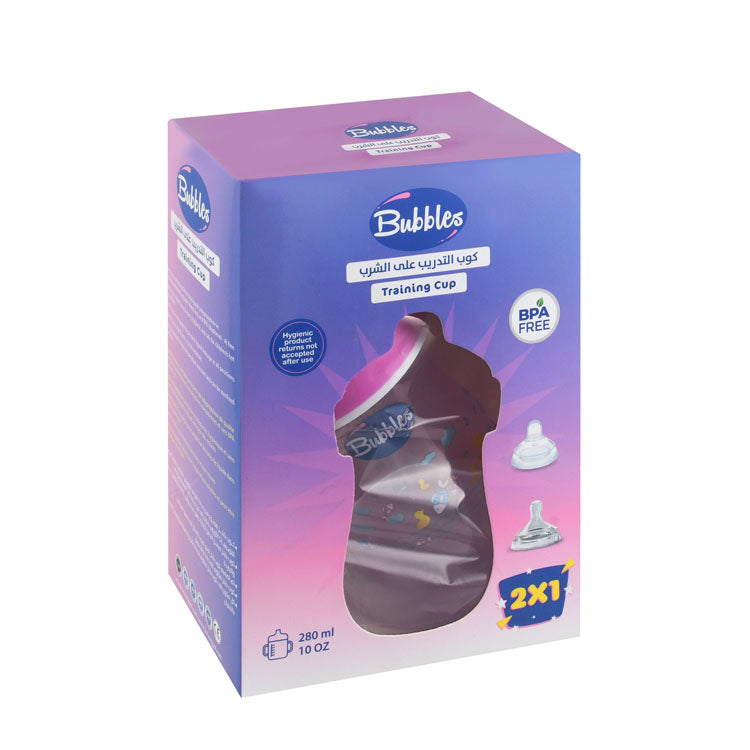 كوب تدريب الفقاعات 2 في 1 شفاف ووردي 280 مل مع حلمتين (6 شهور فأكثر) - خالي من BPA