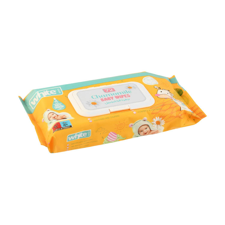 مناديل أطفال مبللة مهدئة و ملطفة لا تسبب الحساسية بالبابونج والبانثينول وفيتامين هـ - خالية من الأصباغ والبارابين والكحول