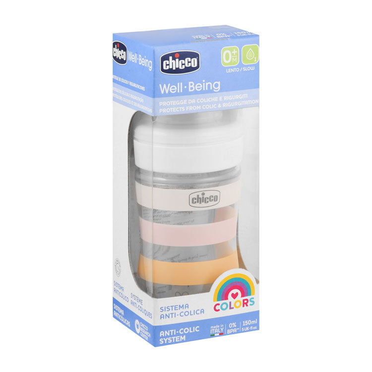 Chicco Well Being Multicolored 150ml Anti-Colic Slow Flow Feeding Bottle (0+ Months) - BPA free