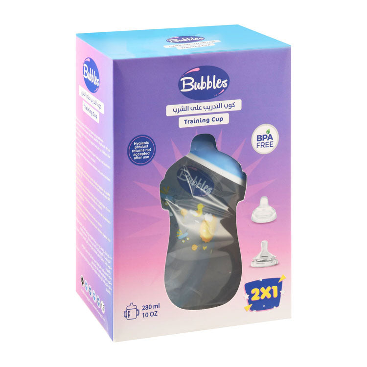 Bubbles 2in1 Clear & Blue 280ml Training Cup with 2 Teats (6+ Months) - BPA free