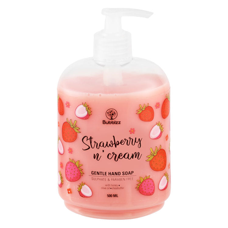 Bubblzz Organic Gentle Liquid Hand Soap Strawberry n' Cream Scent with Honey, Olive Oil & Shea Butter - vegan, sulphate free, parabens free