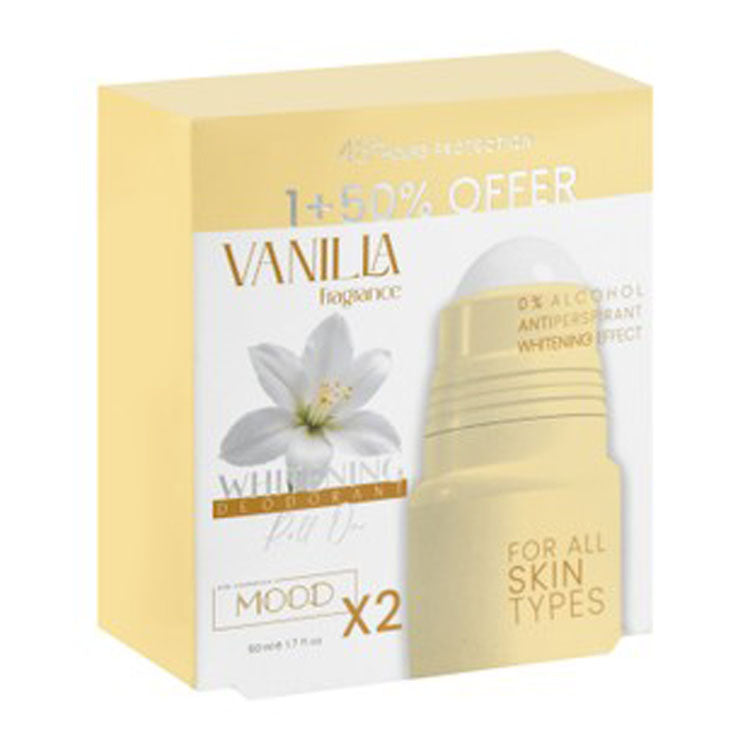 Mood 48H Whitening & Antiperspirant Roll-On Deodorants Vanilla Scent for All Skin Types (50% Off on the 2nd Product) - alcohol free