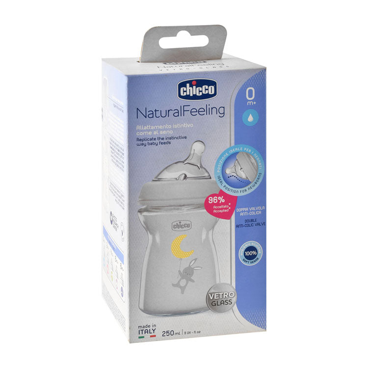 Chicco White 250ml Anti-Colic Glass Feeding Bottle (0+ Months) - BPA free