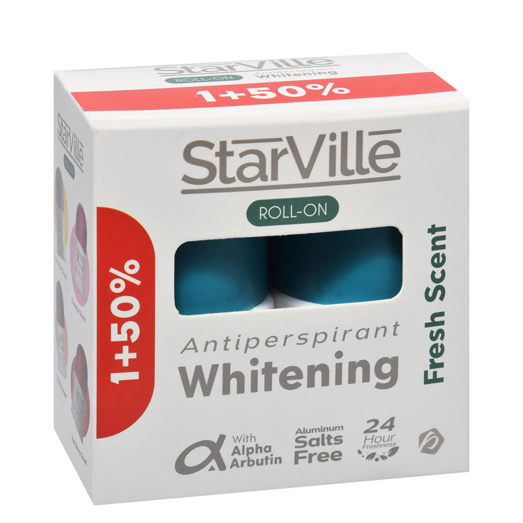 StarVille Hypoallergenic 24H Whitening & Antiperspirant Roll-On Deodorants Fresh Scent with Alpha Arbutin (1+50% Extra) - aluminum salts free
