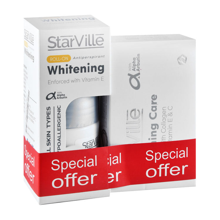 StarVille Hypoallergenic Antiperspirant Whitening Roll-On Deodorant with Vitamin E (60ml) & Soap Bar with Alpha Arbutin & Collagen for All Skin Types (100g) (Special Offer)