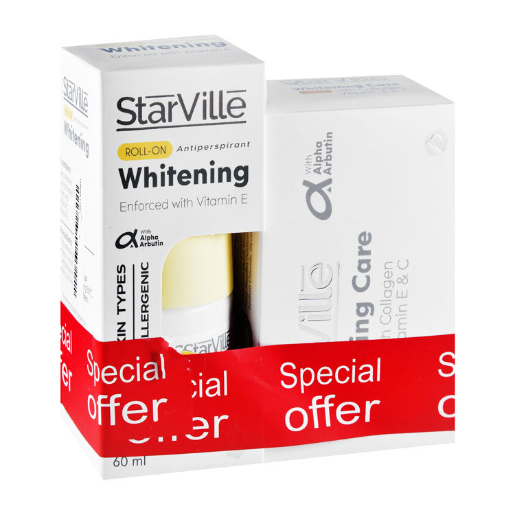 StarVille Hypoallergenic Antiperspirant Whitening Roll-On Deodorant Sweet Vanilla Scent with Vitamin E (60ml) & Soap Bar with Alpha Arbutin & Collagen for All Skin Types (100g) (Special Offer)
