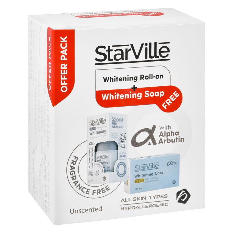 StarVille Hypoallergenic Whitening Antiperspirant Roll-On Deodorant for All Skin Types (60ml) with Free Soap Bar (100g) (Offer Pack) - fragrance free, aluminum salts free