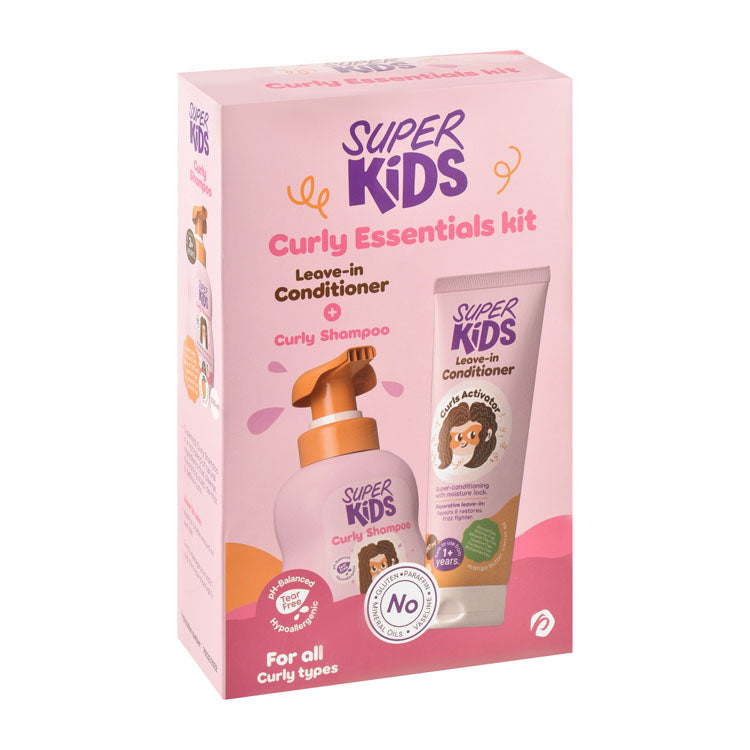Super Kids Hypoallergenic Hydrating, Moisturizing & Nourishing Shampoo Mango & Peach Scent (2+ Years) (300ml) & Leave-In Conditioner with Mango Butter & Carrot Oil (1+ Years) (250ml) for Curly Hair - alcohol free, silicone free, mineral oils free