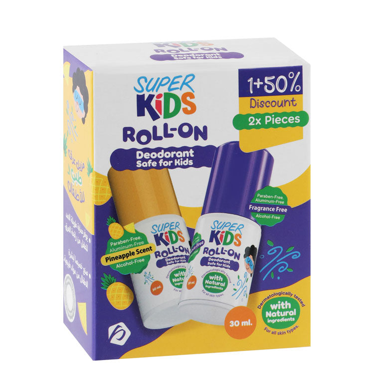 Super Kids Roll-On Deodorant Pineapple Scent (30ml) & Roll-On Deodorant for All Skin Types (30ml) (50% Off on the 2nd Product) - parabens free, aluminum free, alcohol free