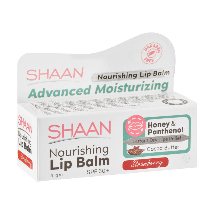 Shaan Advanced Moisturizing & Nourishing Lip Balm Strawberry Flavor with Cocoa Butter, Honey & Panthenol for Dry & Chapped Lips SPF30+ - parabens free