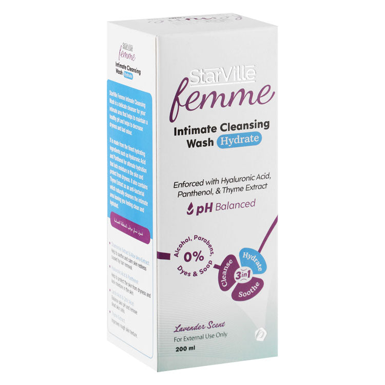 StarVille Femme 3in1 Hydrating, Soothing & Cleansing Intimate Wash Lavender Scent with Hyaluronic Acid, Panthenol & Thyme Extract - alcohol free, parabens free, dyes free
