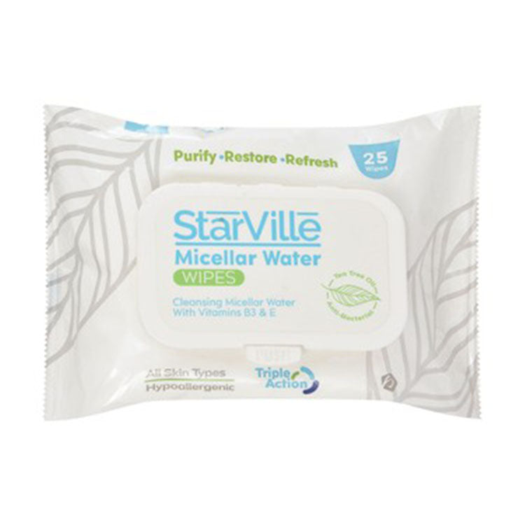 StarVille Hypoallergenic Antibacterial Purifying, Restoring & Refreshing Micellar Water Wet Wipes with Tea Tree Oil, Vitamins B3 & E for All Skin Types