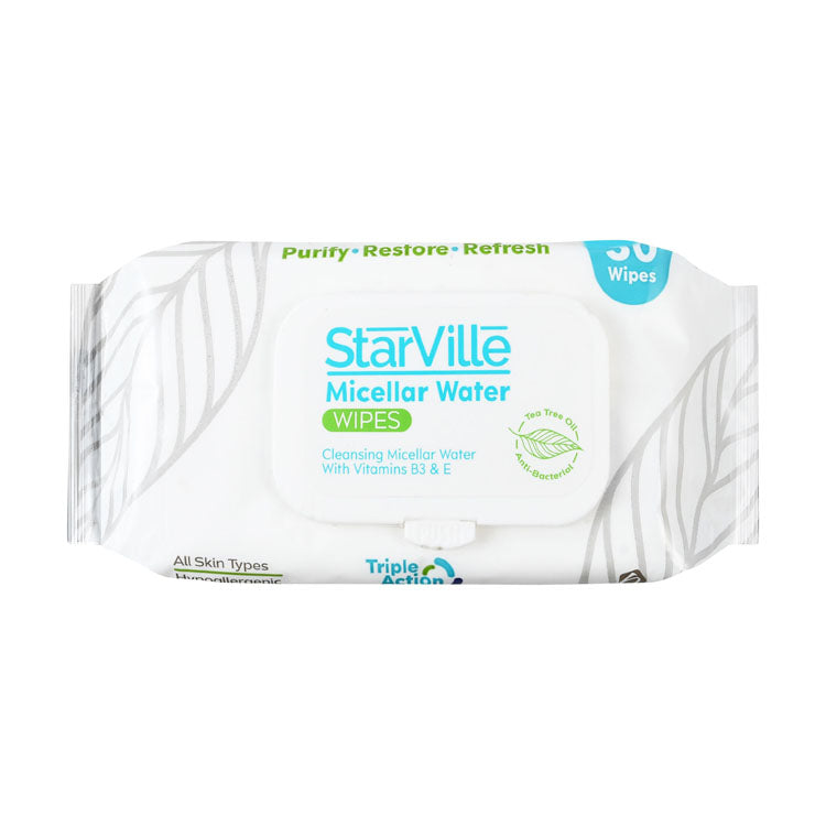 StarVille Hypoallergenic Antibacterial Cleansing, Purifying & Refreshing Micellar Water Wet Wipes with Vitamin B3, E & Tea Tree Oil for All Skin Types