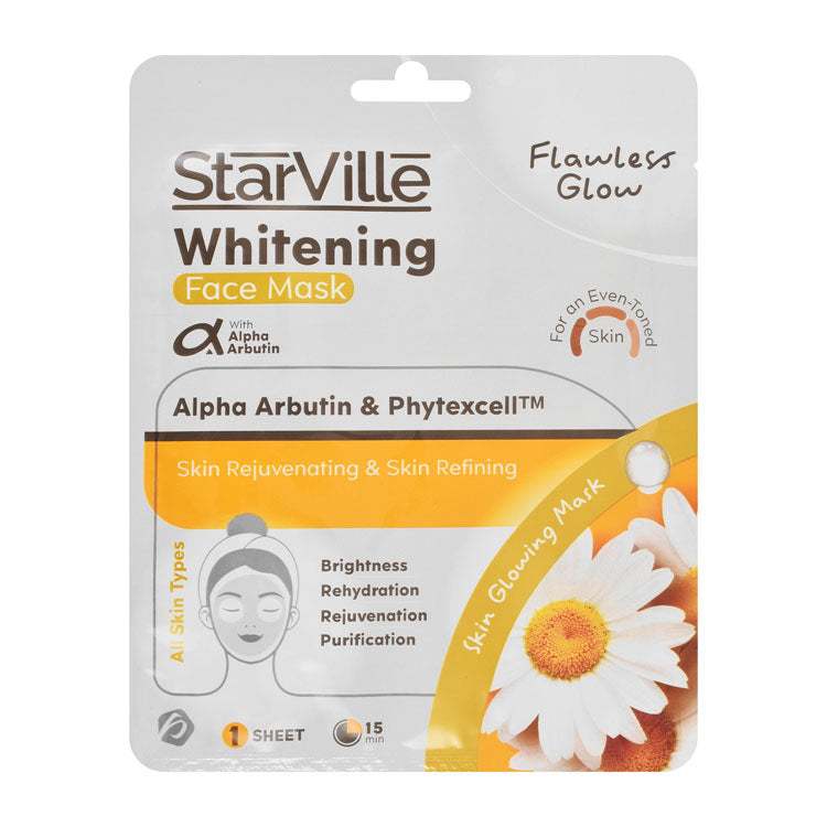 StarVille Flawless Glow Whitening, Brightening & Rejuvenating Facial Sheet Mask with Alpha Arbutin & Phytexcell for All Skin Types