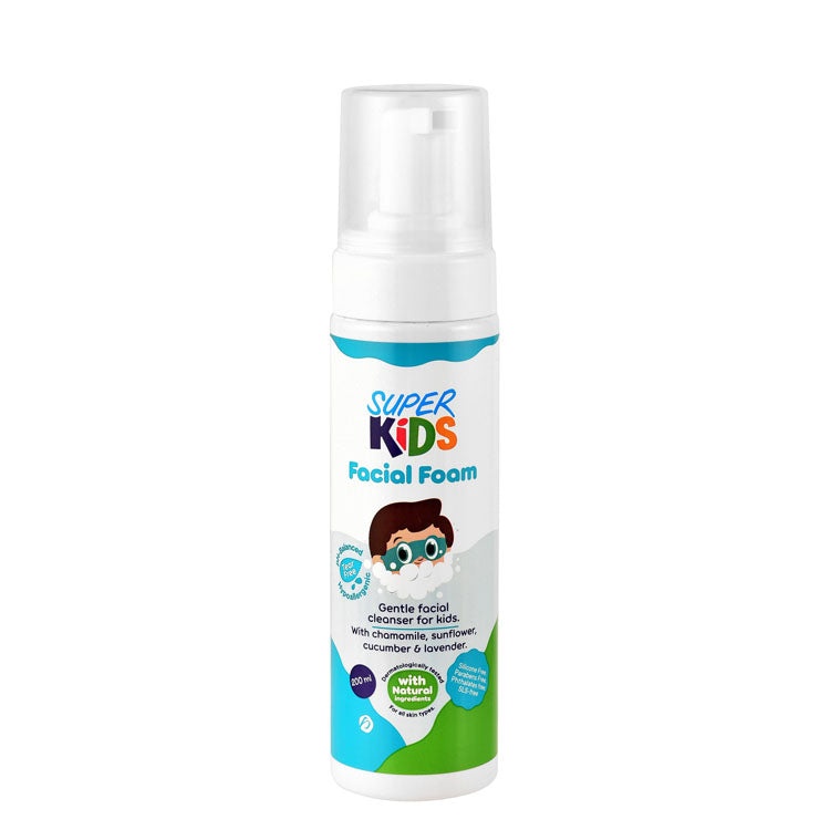 Super Kids Hypoallergenic Facial Foam with Chamomile, Sunflower, Cucumber & Lavender Extracts for All Skin Types - tear free, silicone free, parabens free