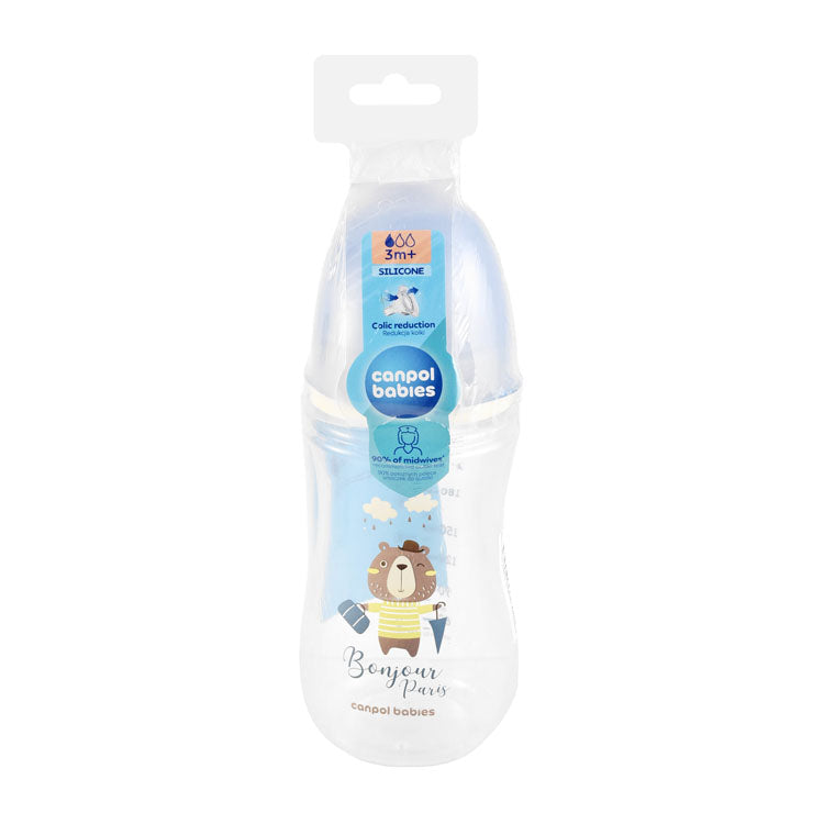Canpol Babies Easy Start Bonjour Paris Blue Bear Print 240ml Anti-Colic Silicone Feeding Bottle (3+ Months) - BPA free
