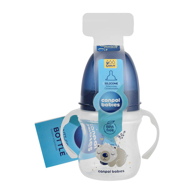 Canpol Babies Blue 120ml Anti-Colic Feeding Bottle with Glowing Handle (0+ Months) - BPA free