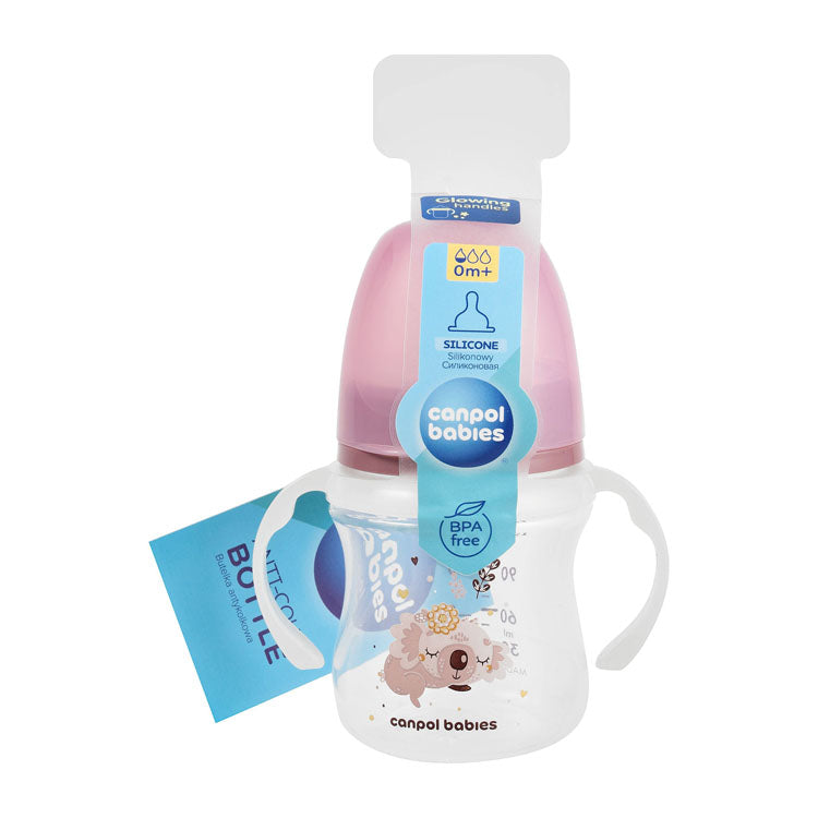 Canpol Babies Pink 120ml Anti-Colic Feeding Bottle with Glowing Handle (0+ Months) - BPA free