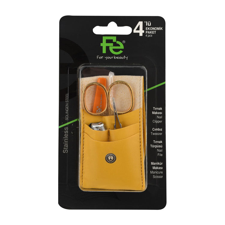 طقم أدوات تجميل من الفولاذ المقاوم للصدأ Fe مع حقيبة جلدية صفراء