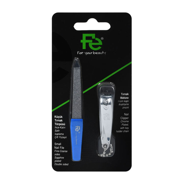 Fe مبرد أظافر أزرق صغير ذو وجهين ومقص أظافر مطلي بالكروم