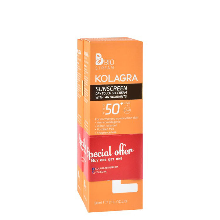 Kolagra Water-Resistant Sunscreen with Vitamin E & Antioxidants for Normal & Combination Skin SPF50+ (1+1 Free) - parabens free, fragrance free, non comedogenic 2 x 50 ml