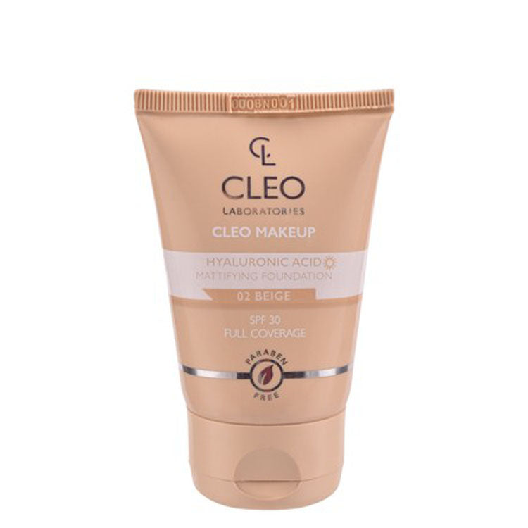 Cleo Mattifying Full Coverage Liquid Foundation with Hyaluronic Acid SPF30 Beige 02 - parabens free, cruelty free 30 ml