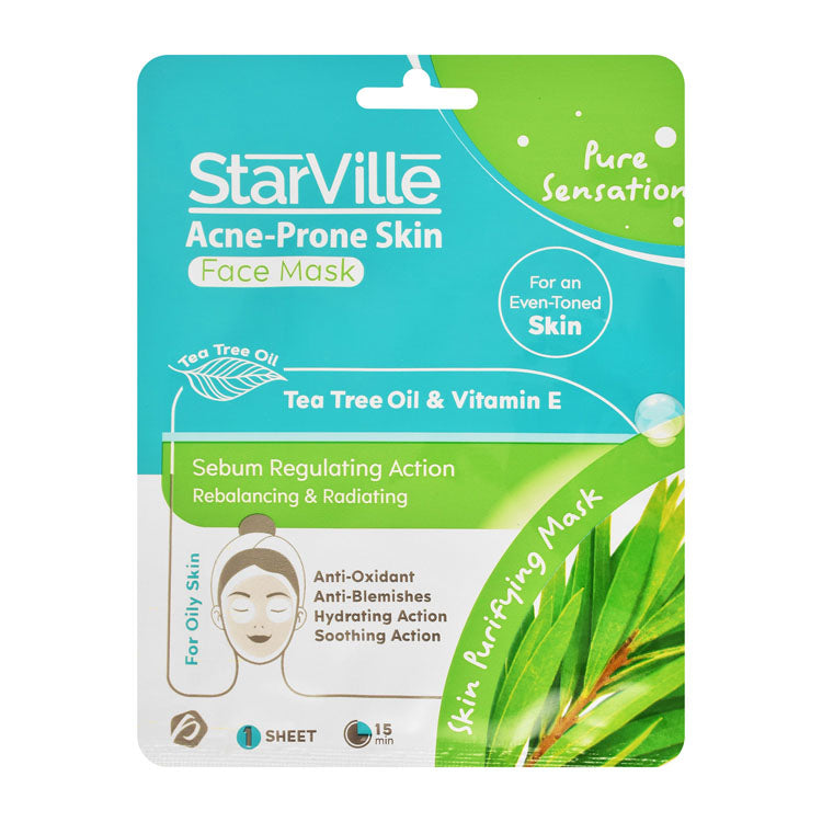 StarVille Pure Sensation Sebum Regulating, Rebalancing & Radiating Facial Sheet Mask with Tea Tree Oil & Vitamin E for Oily & Acne-Prone Skin