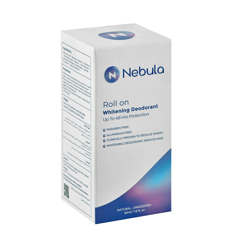 Nebula 48H Antibacterial & Anti-Fungal Whitening & Hair Delaying Unscented Roll-On Deodorant for All Skin Types - parabens free, aluminum free