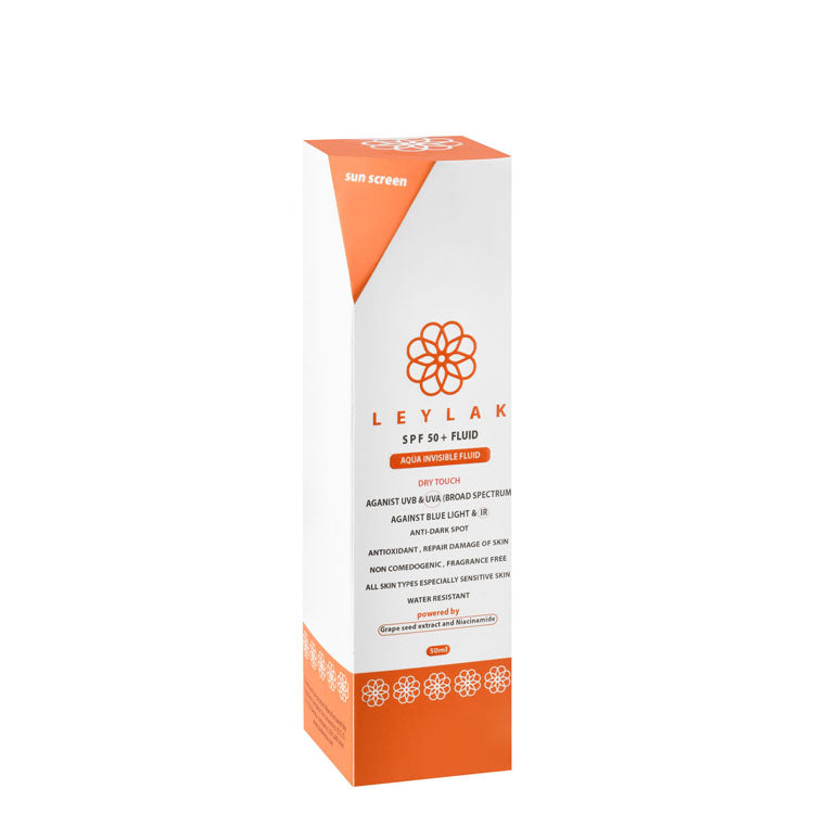 Leylak Hypoallergenic Water-Resistant Dry Touch Broad Spectrum Face & Body Sunscreen Fluid with Antioxidants for All Skin Types SPF50+ - fragrance free, parabens free, non comedogenic