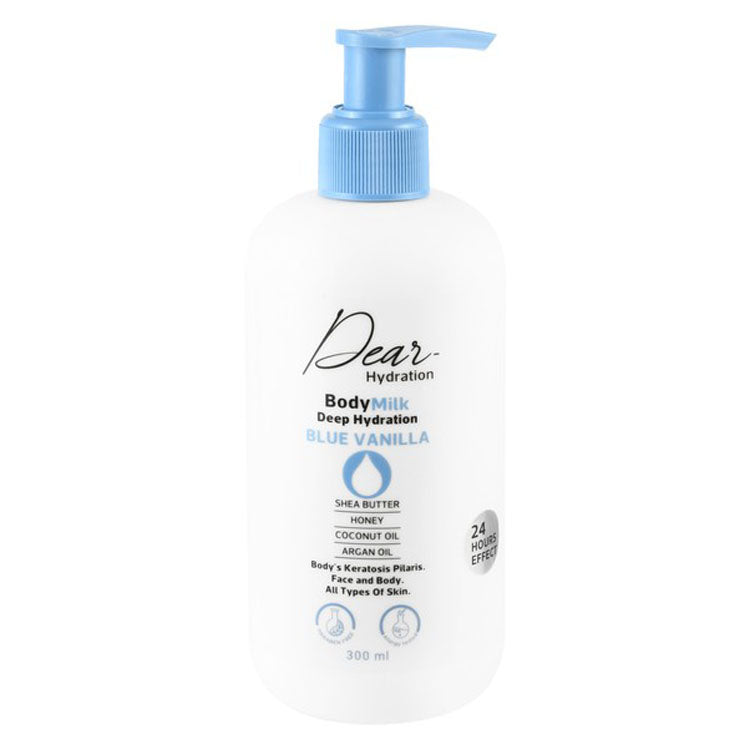 Dear Hydration Face & Body Milk Blue Vanilla Scent with Shea Butter, Honey & Coconut Oil for All Skin Types - parabens free 300 ml