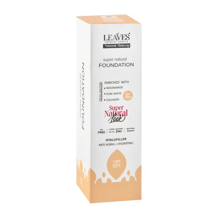 Leaves Super Natural 24H Hydrating & Anti-Aging Foundation with Niacinamide, Collagen & Hyalufiller for All Skin Types SPF40+ Light 001 - non comedogenic, parabens free, alcohol free 25 ml