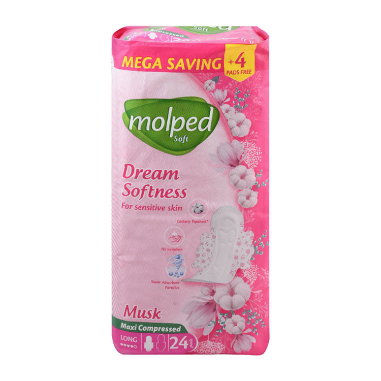 Molped Maxi Compressed Long Pads Musk Scent with Wings for Sensitive Skin (20+4 Free)