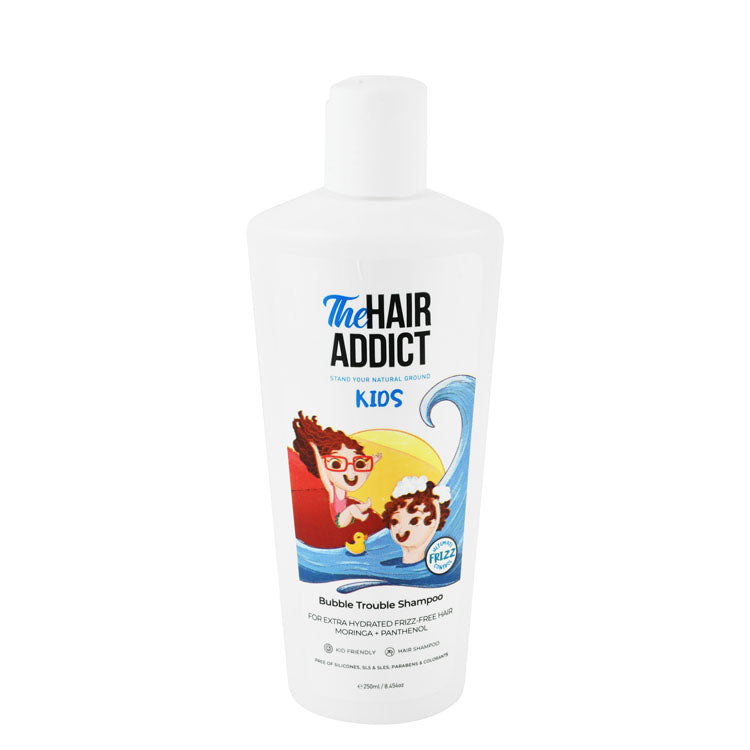 The Hair Addict Kids Bubble Trouble Hydrating & Anti-Frizz Shampoo with Moringa & Panthenol - silicones free, sulfates free, parabens free