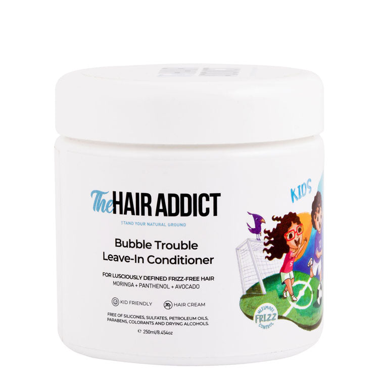 The Hair Addict Bubble Trouble Anti-Frizz Leave In Conditioner with Moringa, Panthenol & Avocado for Kids - silicone free, parabens free, colorant free