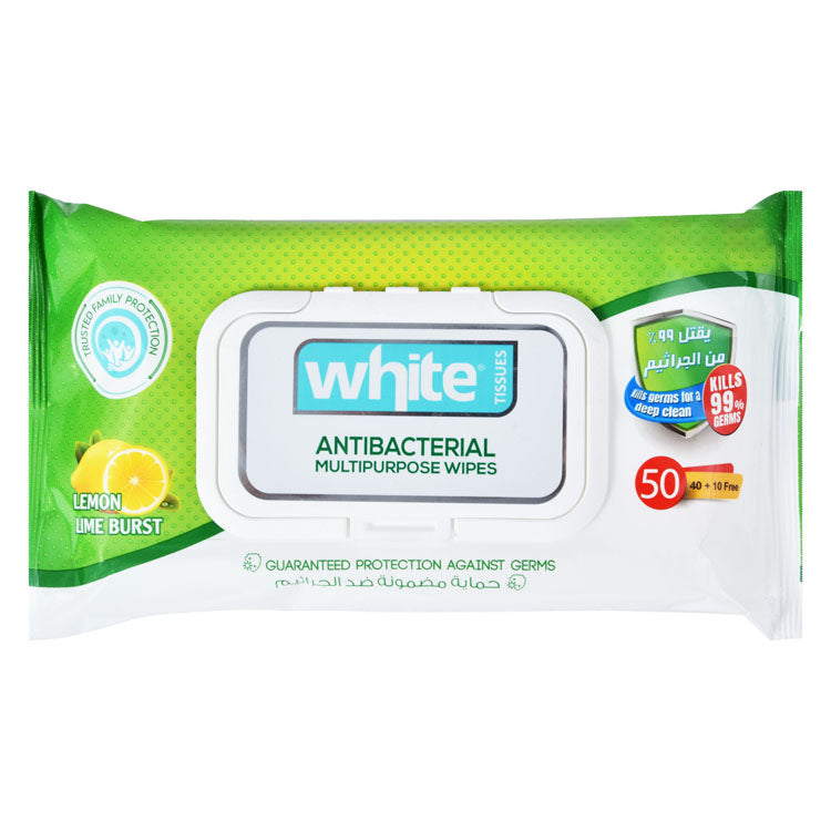 مناديل بيضاء متعددة الاستخدامات مضادة للبكتيريا برائحة الليمون الحامض (40+10 مجانًا)