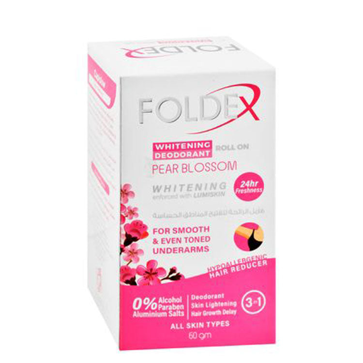 Foldex 3in1 24H Whitening, Hair Reducing & Hypoallergenic Roll-On Deodorant Pear Blossom Scent for All Skin Types -  alcohol free, paraben free, aluminium salts free 60 gr