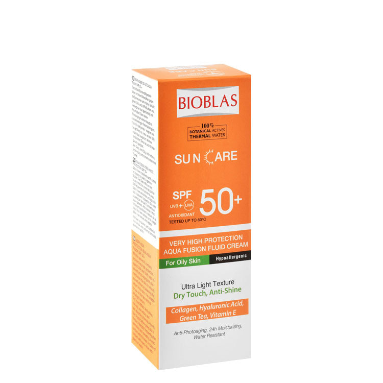 Bioblas Hypoallergenic Water-Resistant 24H Moisturizing Ultra Light Sunscreen with Collagen, Hyaluronic Acid & Green Tea for Oily Skin SPF50+