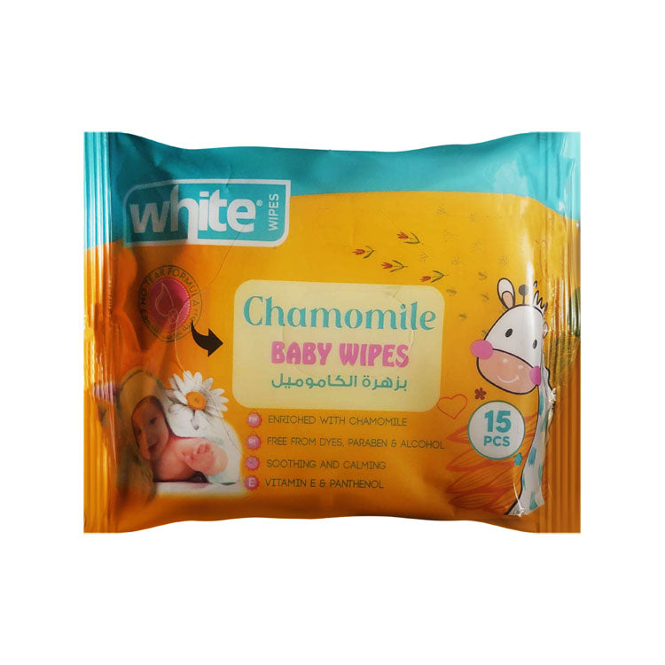 مناديل أطفال مبللة بيضاء لا تسبب الحساسية ومضادة للتهيج والاحمرار برائحة البابونج للبشرة الحساسة - خالية من الأصباغ والبارابين والكحول