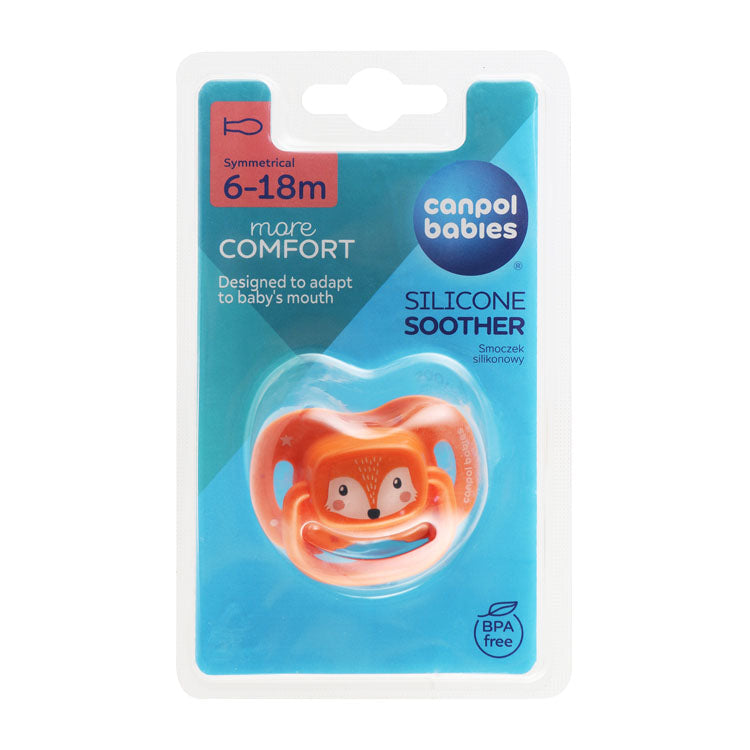 Canpol Babies More Comfort Orange Fox Print Symmetrical Silicone Soother (6-18 Months) - BPA free