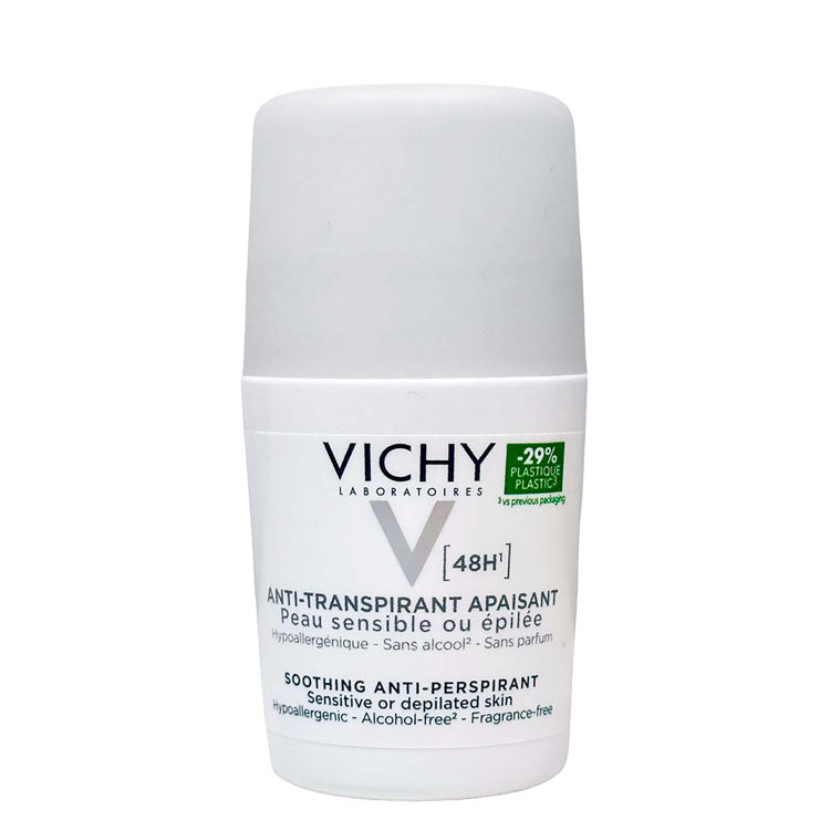 Vichy Hypoallergenic 48H Antiperspirant Soothing Roll-On Deodorant for Sensitive & Depilated Skin - parabens free, alcohol free, fragrance free