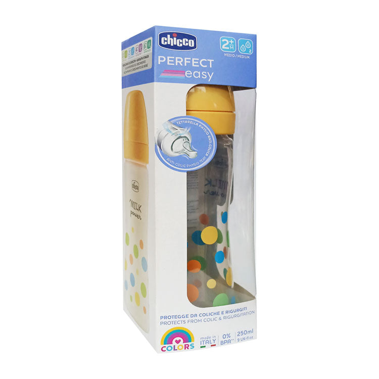 Chicco Perfect Easy Yellow 250ml Anti-Colic Medium Flow Feeding Bottle (2+ Months) - BPA free