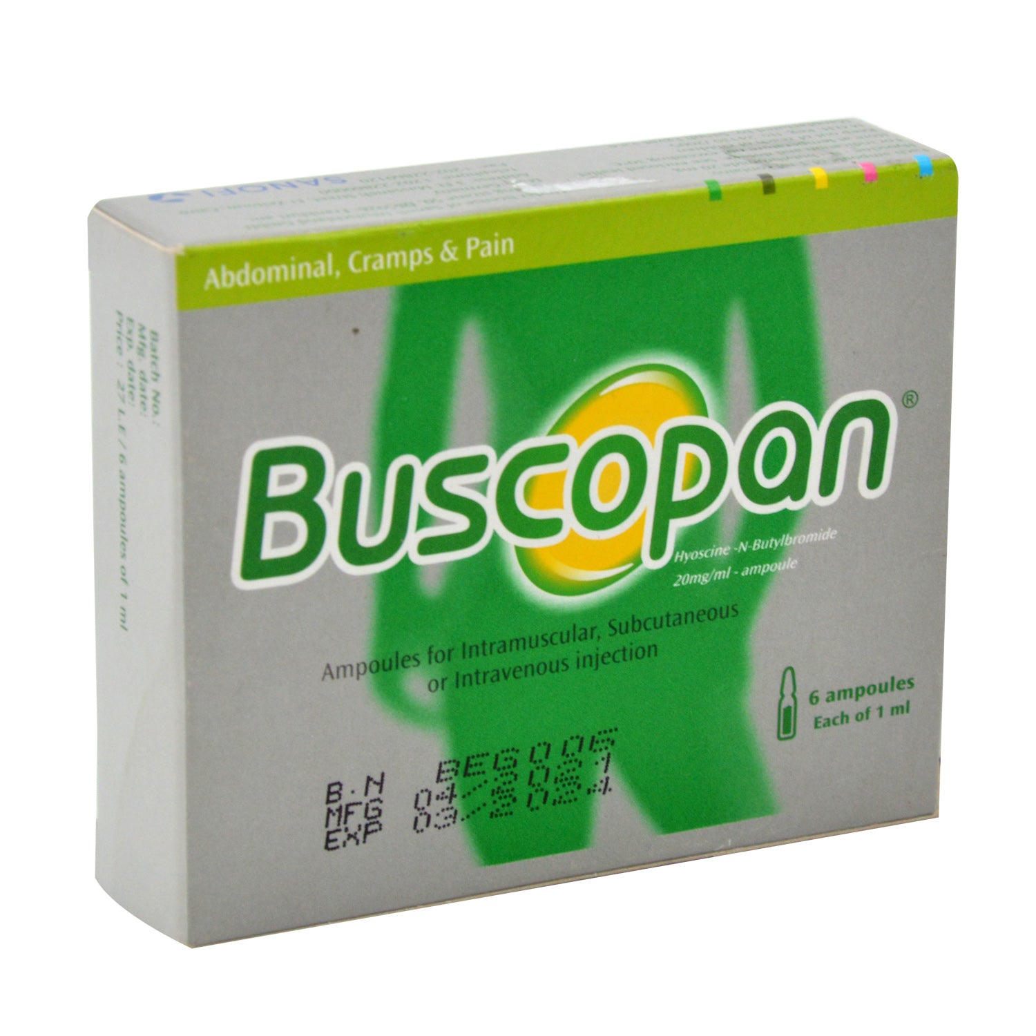 Buscopan 20mg/ml Hyoscine-N-Butylbromide Abdominal Cramps & Pain Relief Solution Ampoules for Intramuscular, Subcutaneous & Intravenous Injection