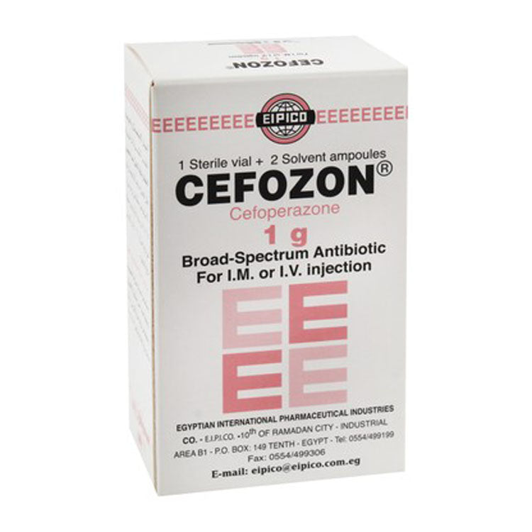 سيفوزون 1 غرام سيفوبيرازون مضاد حيوي واسع الطيف، قارورة معقمة مع أمبولات مذيبة للحقن العضلي والوريدي
