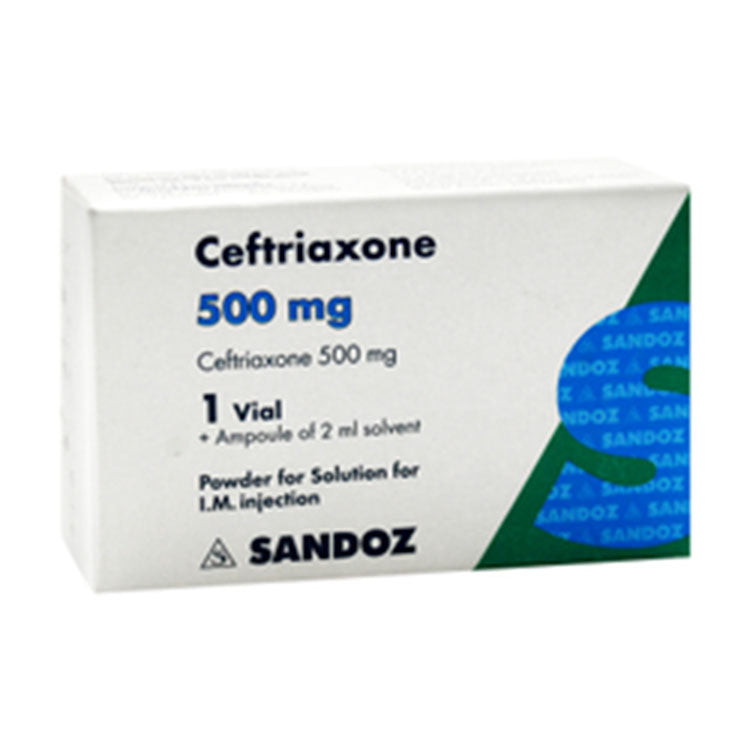 Ceftriaxone 500mg Powder Vial with 2ml Solvent Ampoule for Intramuscular Injection